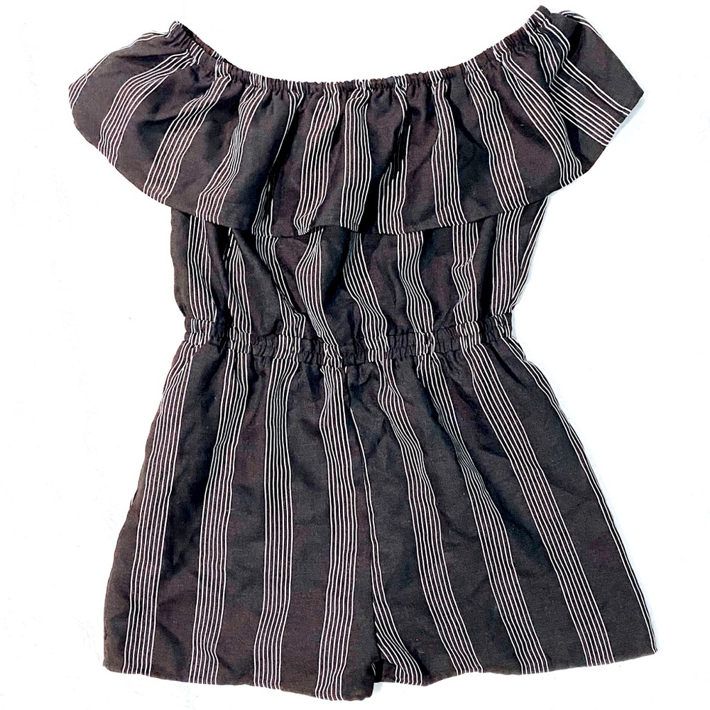 Lucca Off the Shoulder Ruffle Top Stripe Romper